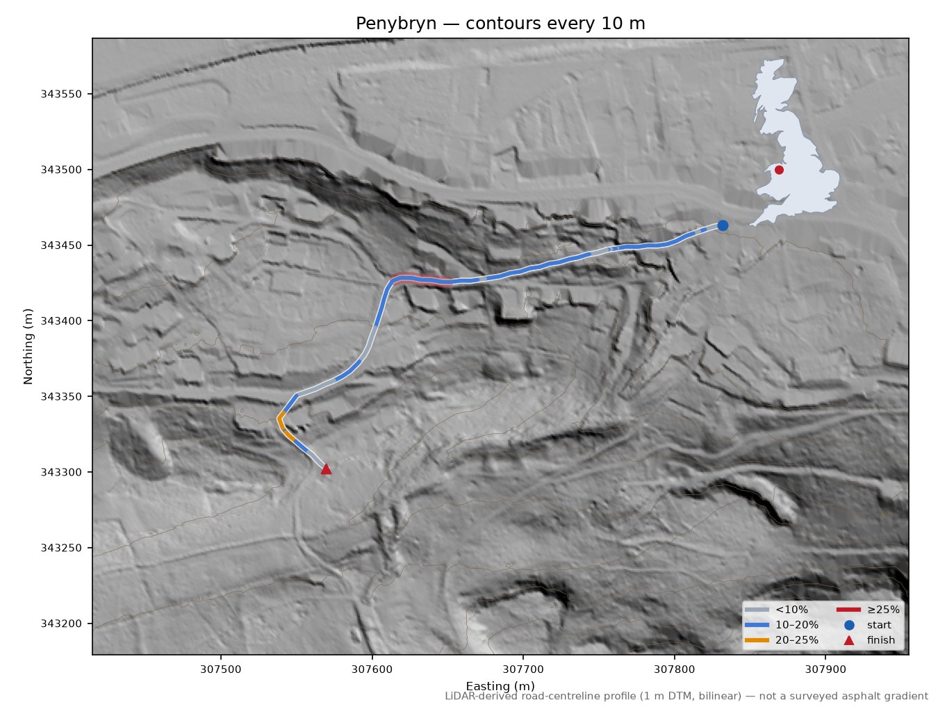 Penybryn LiDAR hillshade map with contours