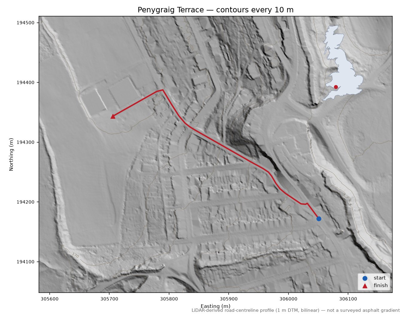 Penygraig Terrace LiDAR hillshade map with contours