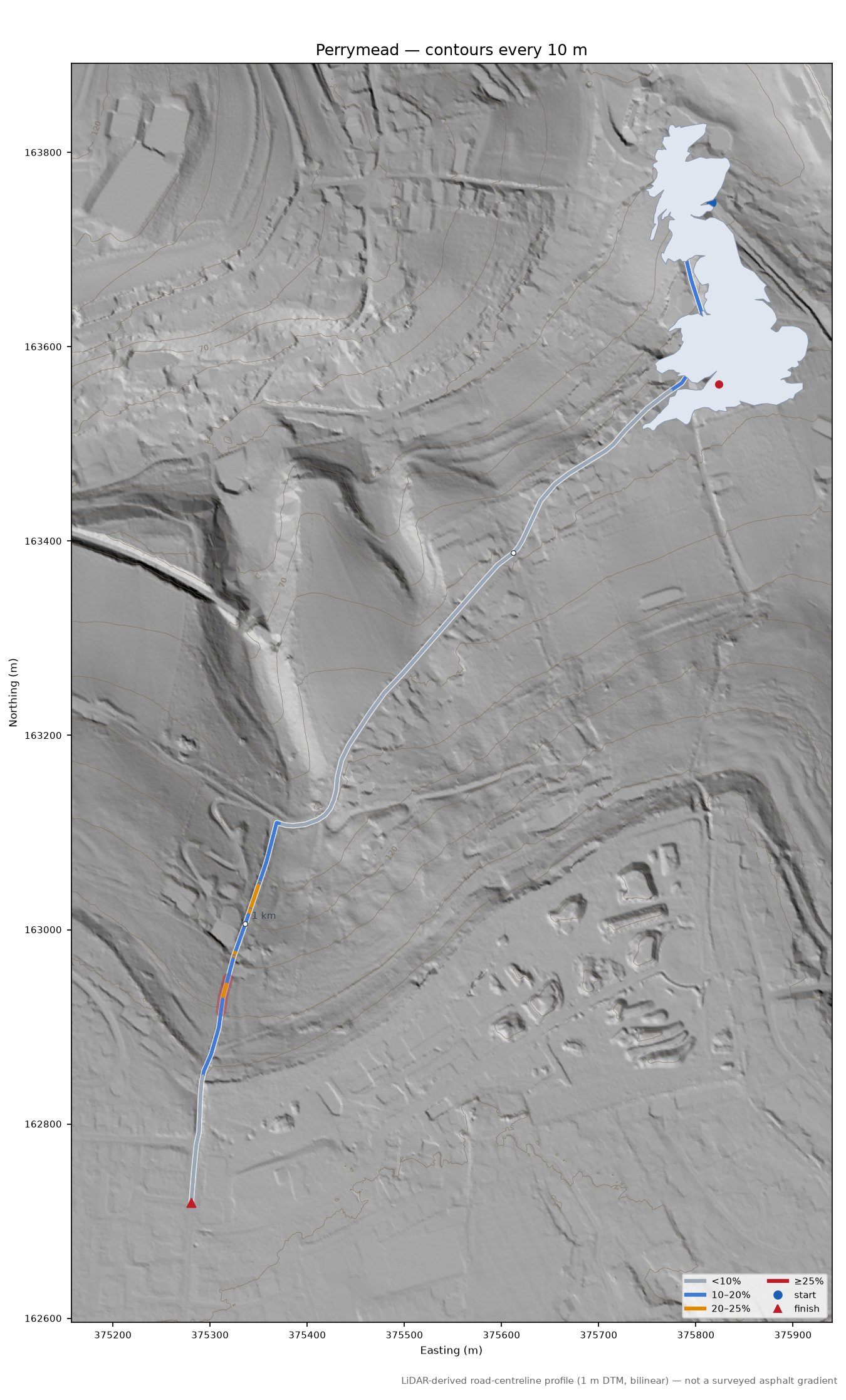 Perrymead LiDAR hillshade map with contours