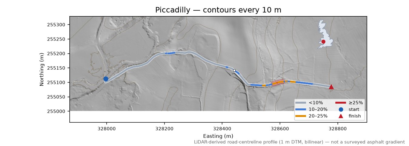 Piccadilly LiDAR hillshade map with contours