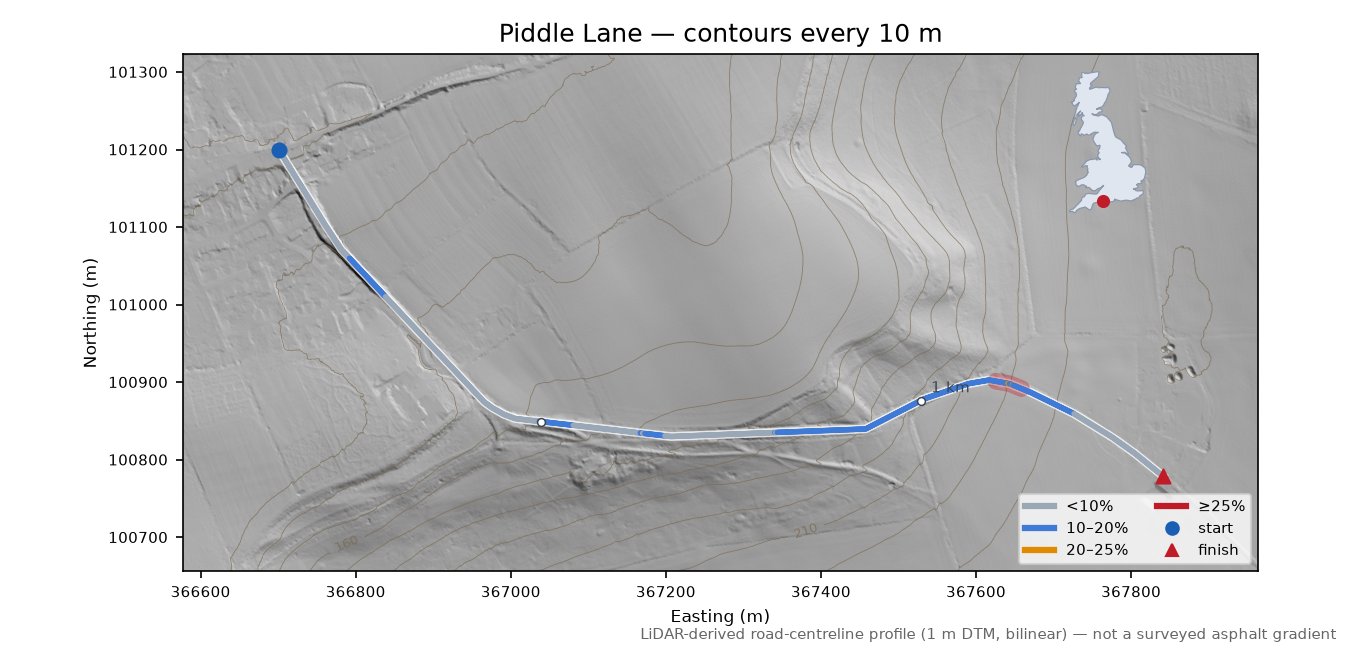 Piddle Lane LiDAR hillshade map with contours