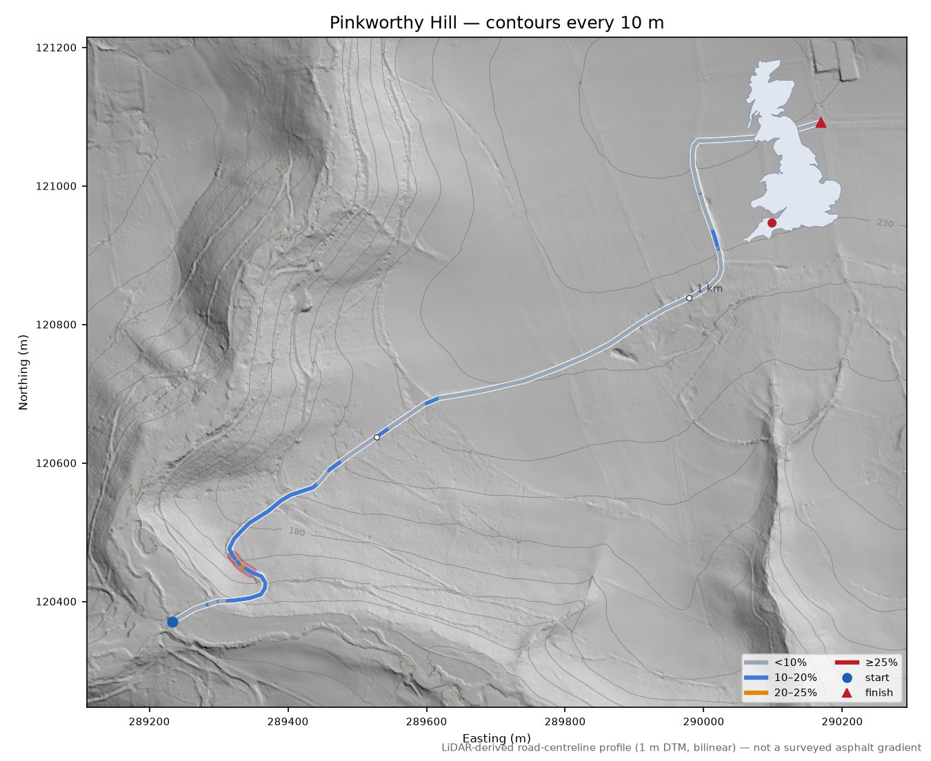 Pinkworthy Hill LiDAR hillshade map with contours