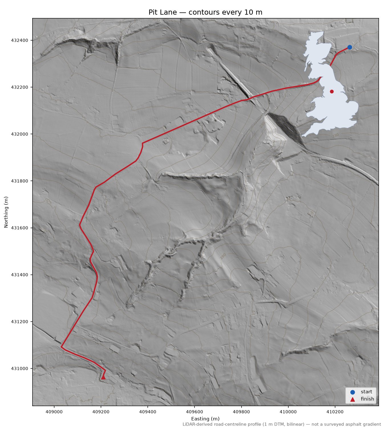 Pit Lane LiDAR hillshade map with contours
