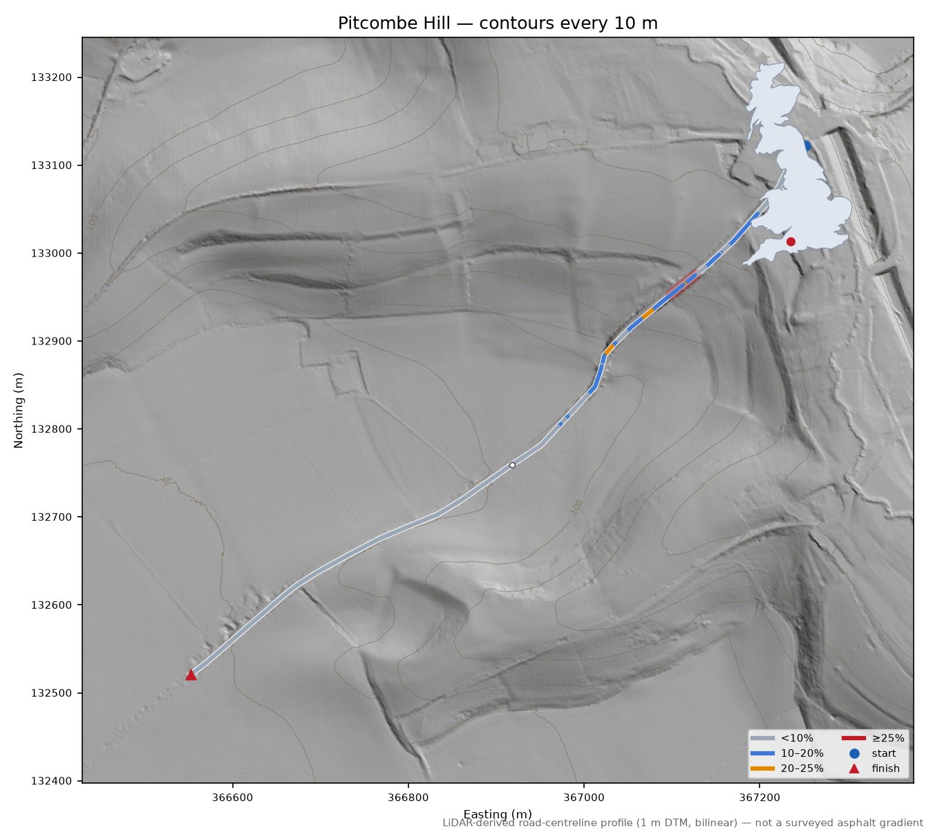 Pitcombe Hill LiDAR hillshade map with contours