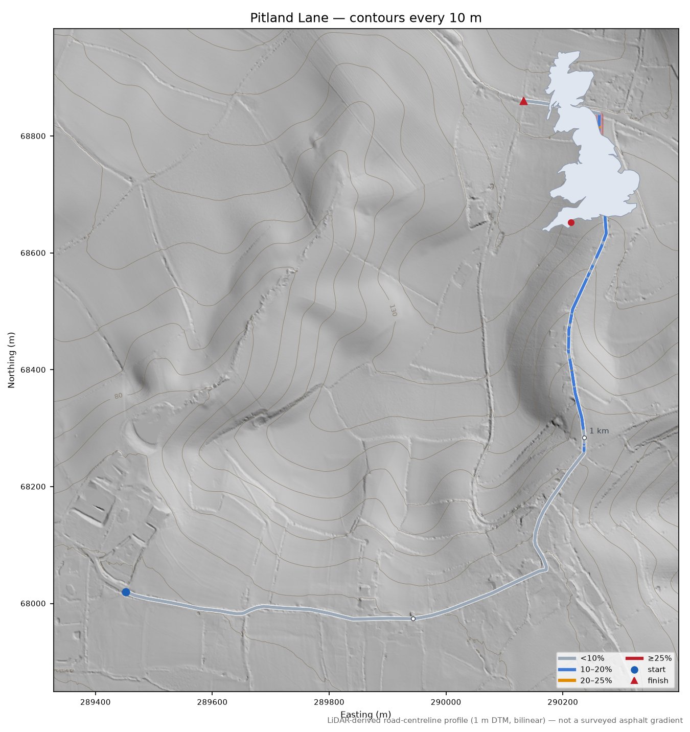 Pitland Lane LiDAR hillshade map with contours