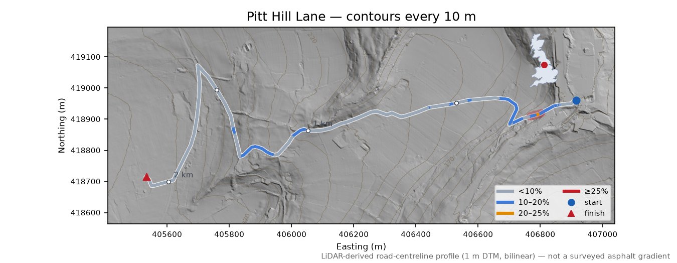 Pitt Hill Lane LiDAR hillshade map with contours