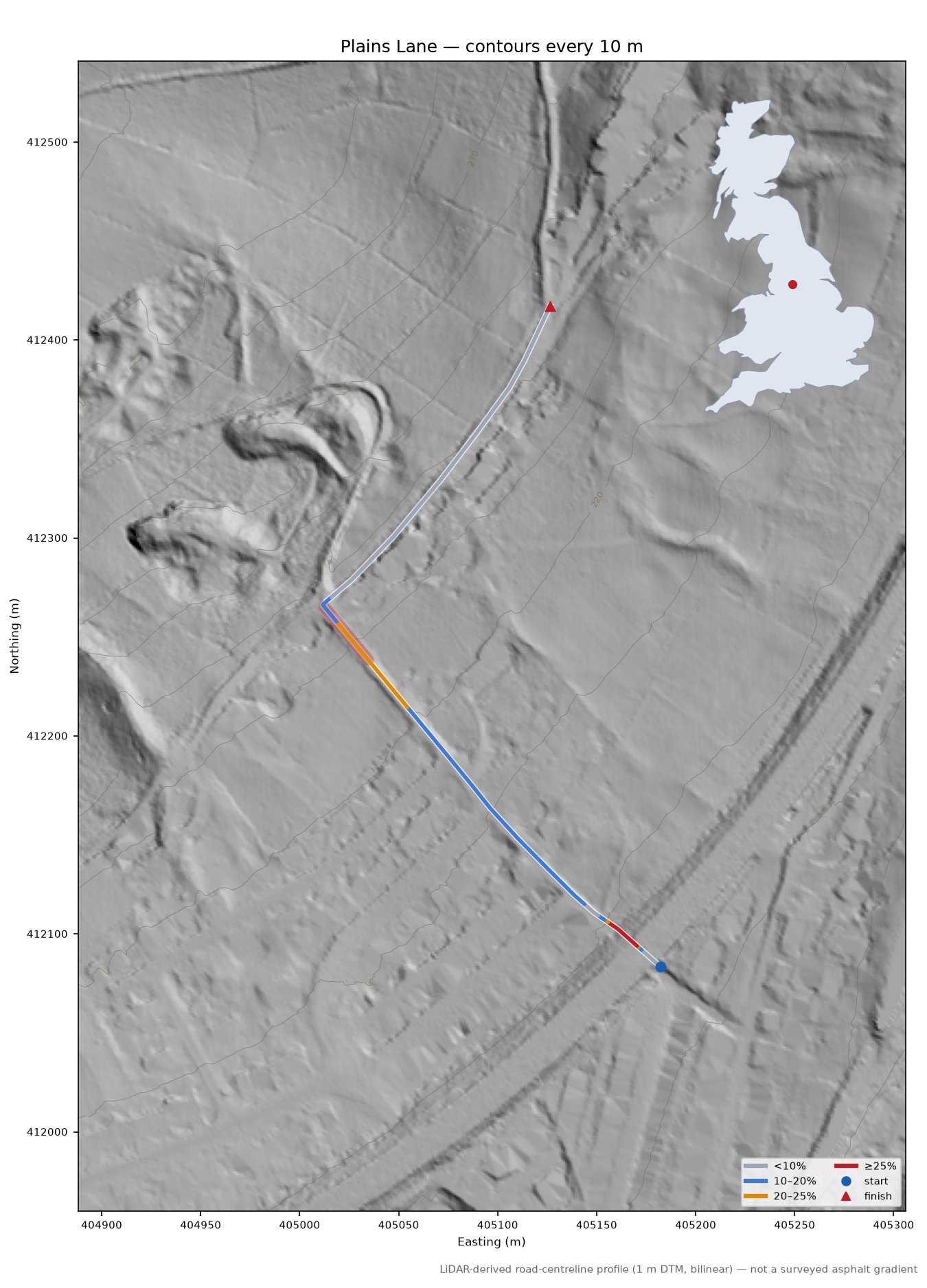 Plains Lane LiDAR hillshade map with contours