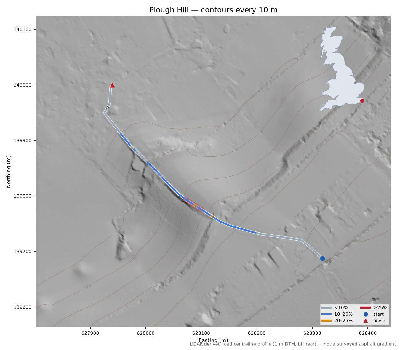 Plough Hill LiDAR hillshade map with contours