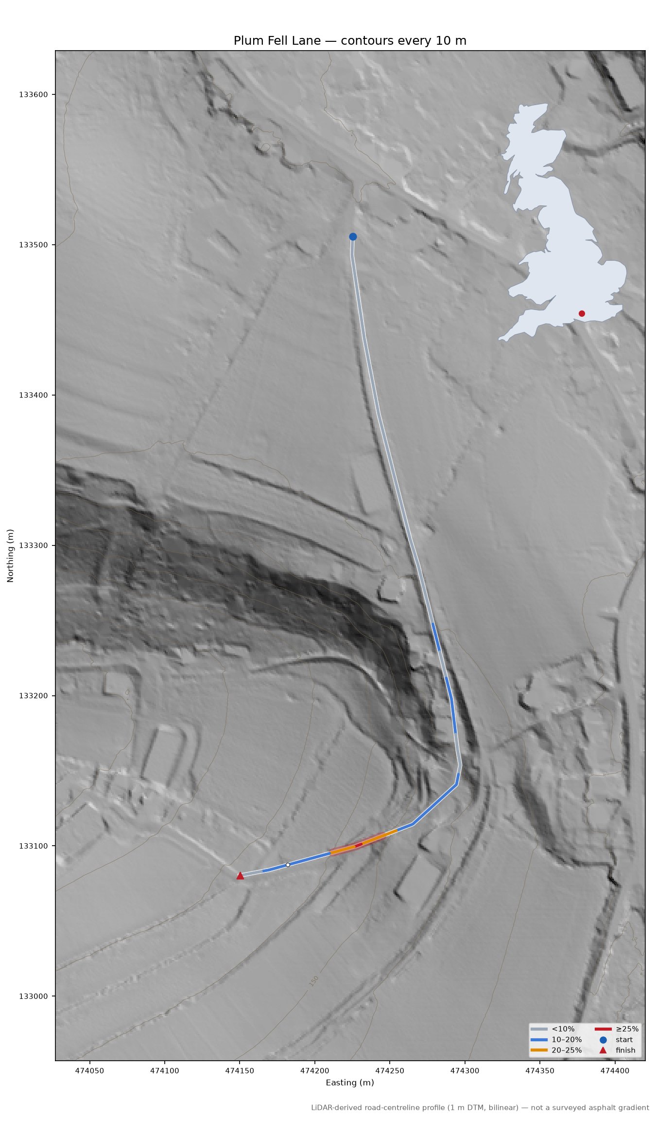 Plum Fell Lane LiDAR hillshade map with contours