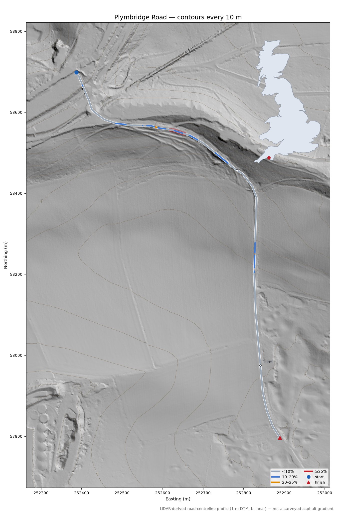 Plymbridge Road LiDAR hillshade map with contours