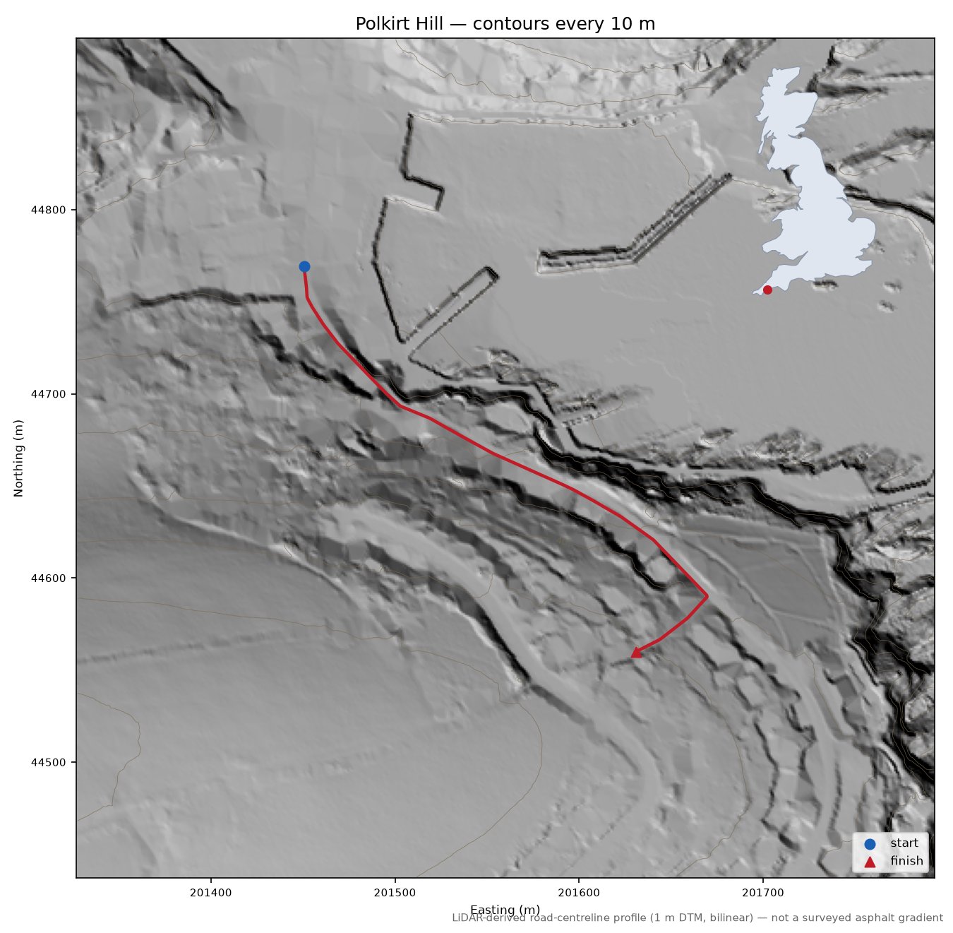 Polkirt Hill LiDAR hillshade map with contours