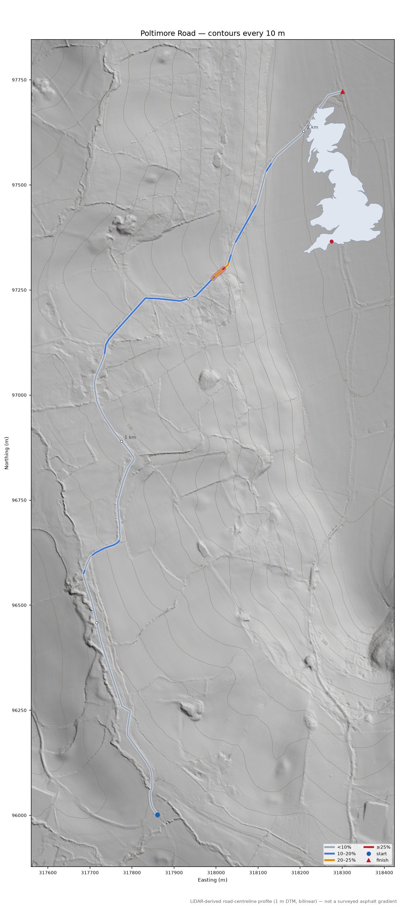 Poltimore Road LiDAR hillshade map with contours