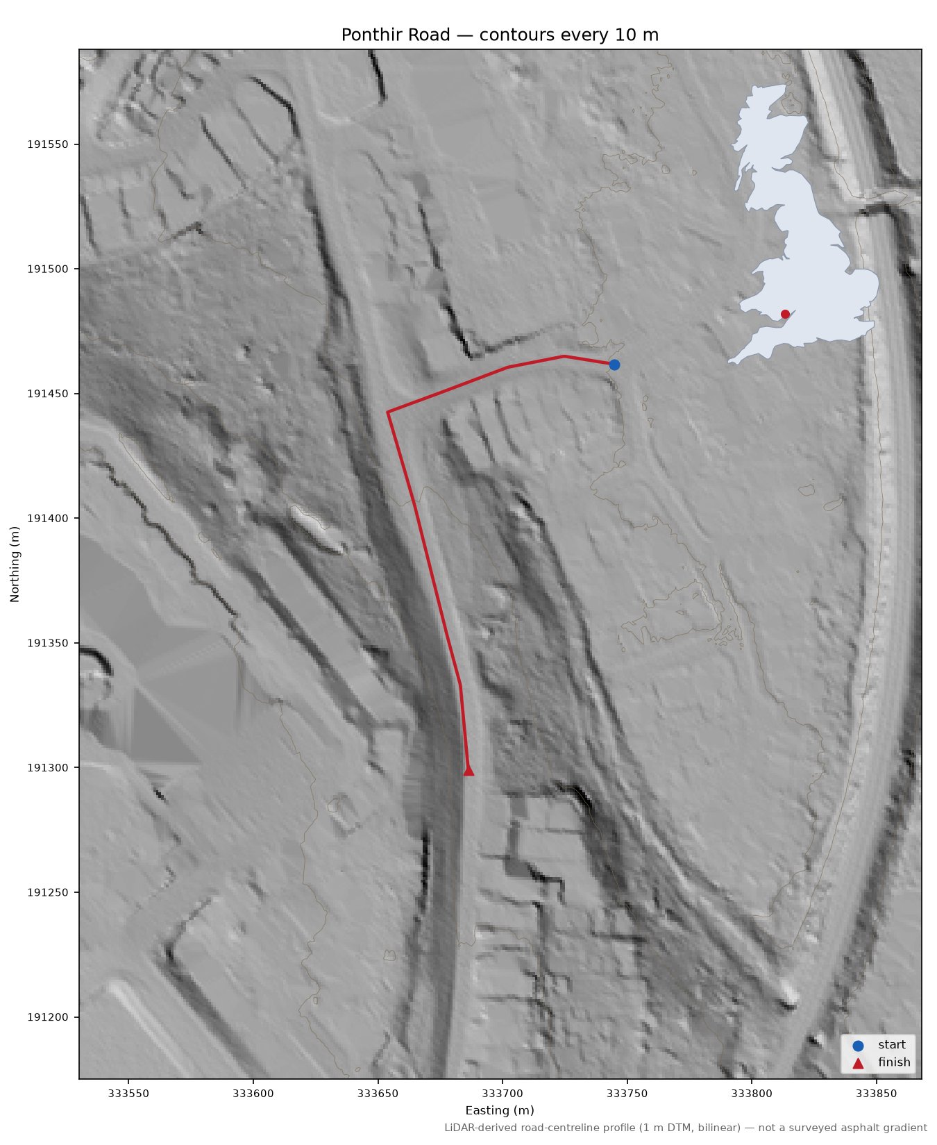 Ponthir Road LiDAR hillshade map with contours