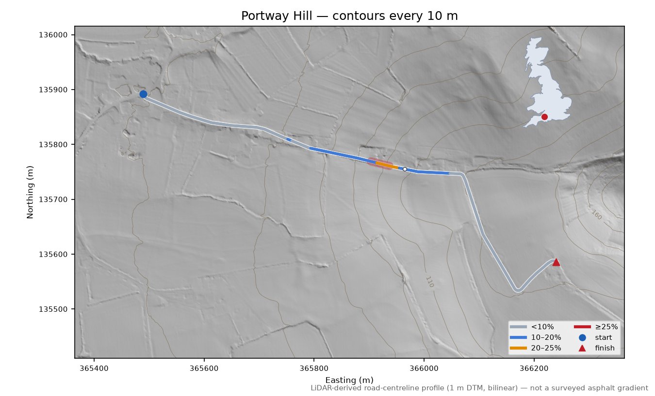 Portway Hill LiDAR hillshade map with contours
