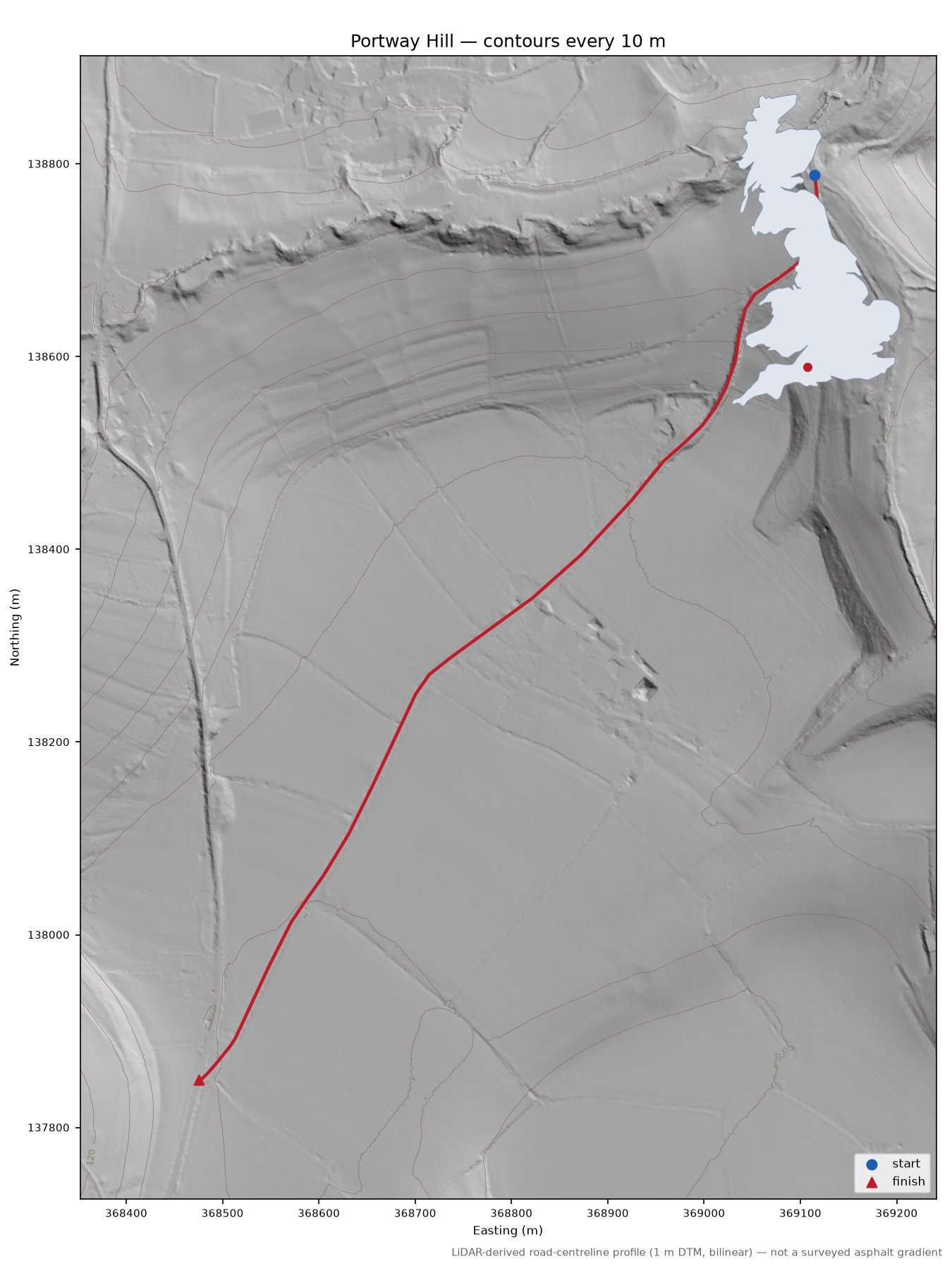 Portway Hill LiDAR hillshade map with contours