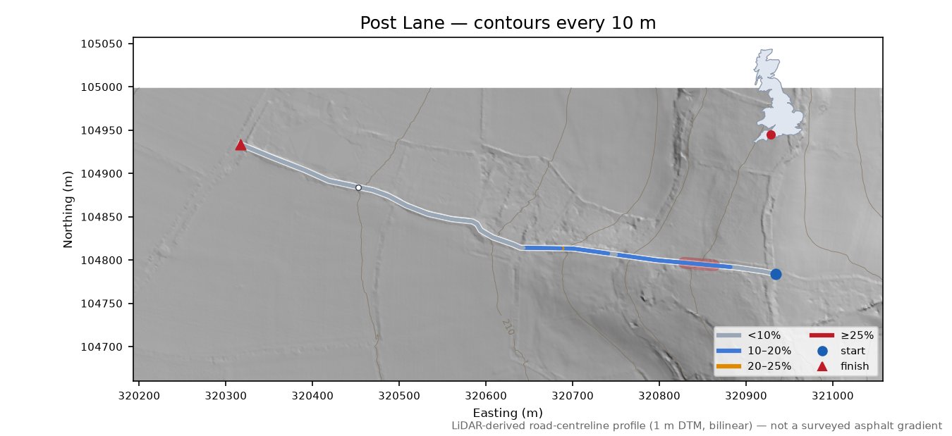 Post Lane LiDAR hillshade map with contours