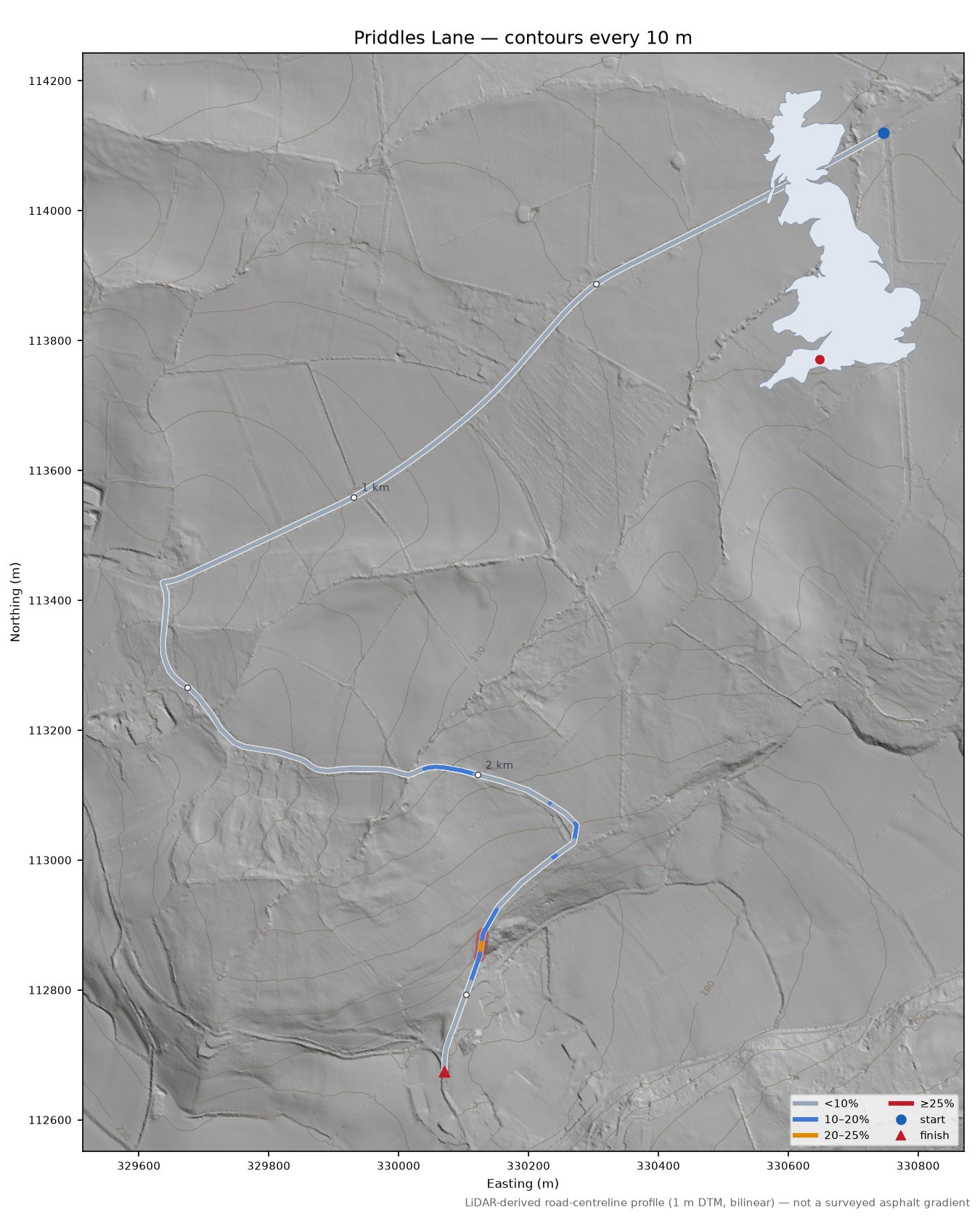 Priddles Lane LiDAR hillshade map with contours