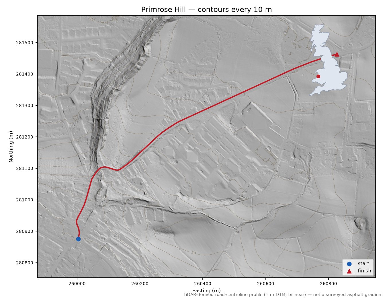 Primrose Hill LiDAR hillshade map with contours