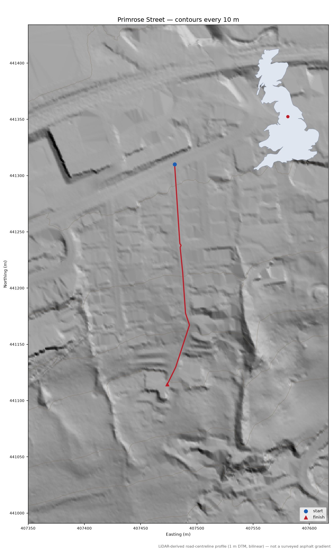 Primrose Street LiDAR hillshade map with contours