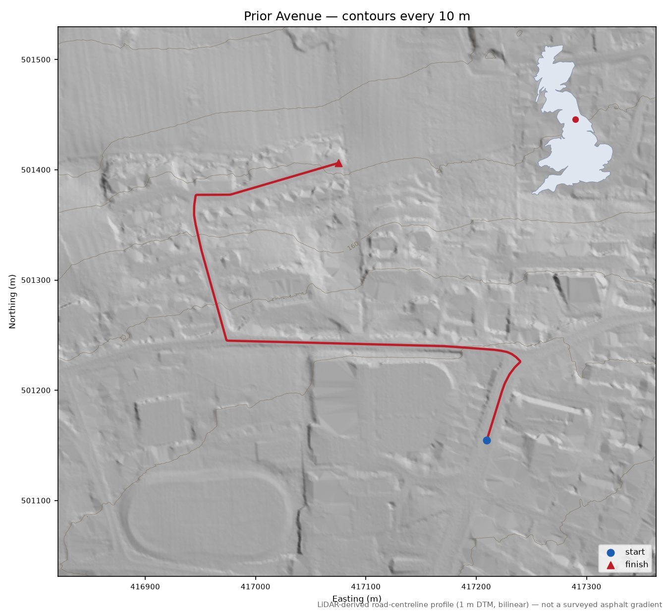 Prior Avenue LiDAR hillshade map with contours