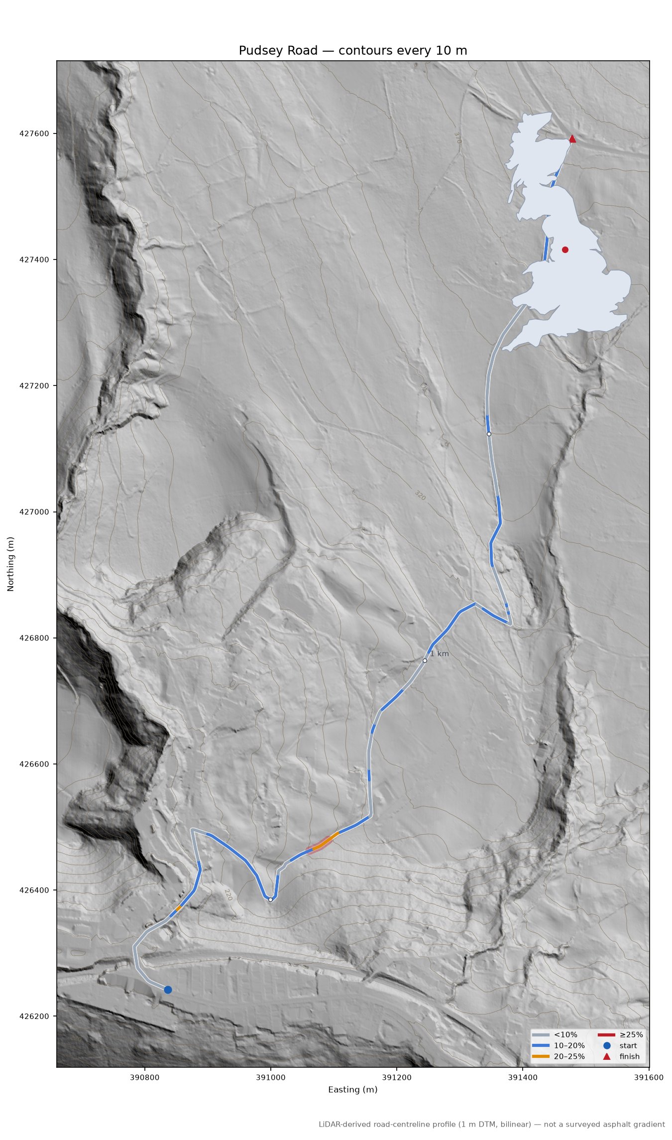 Pudsey Road LiDAR hillshade map with contours