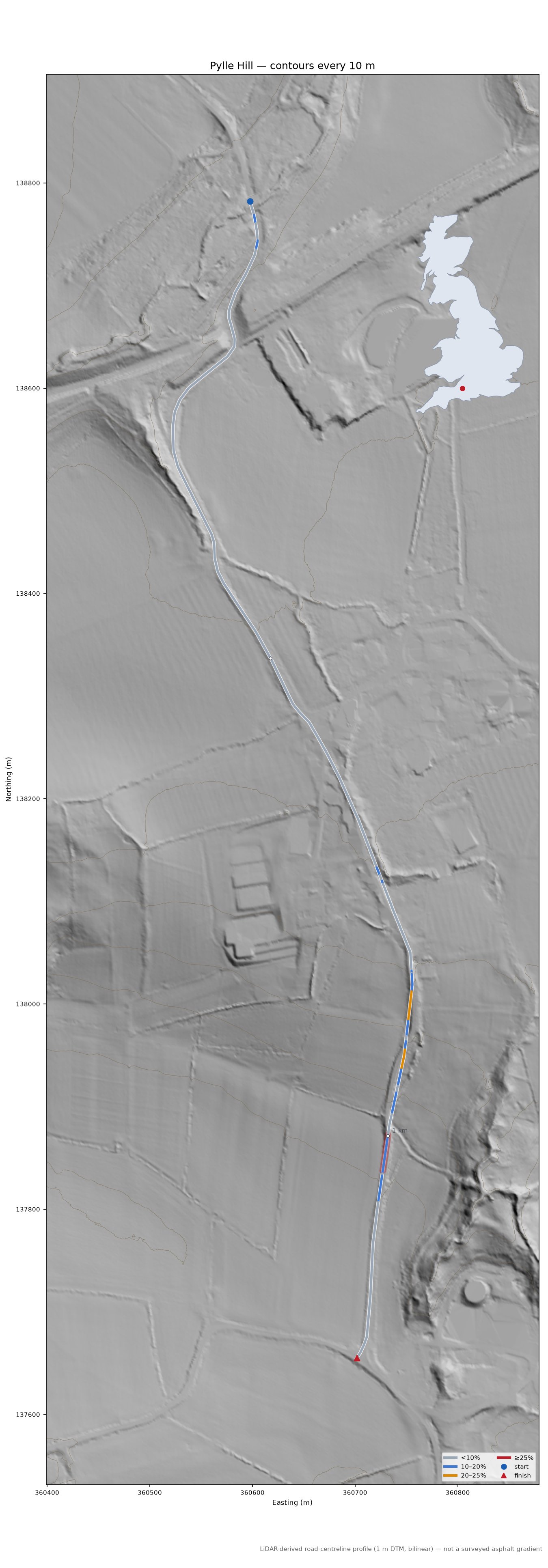 Pylle Hill LiDAR hillshade map with contours