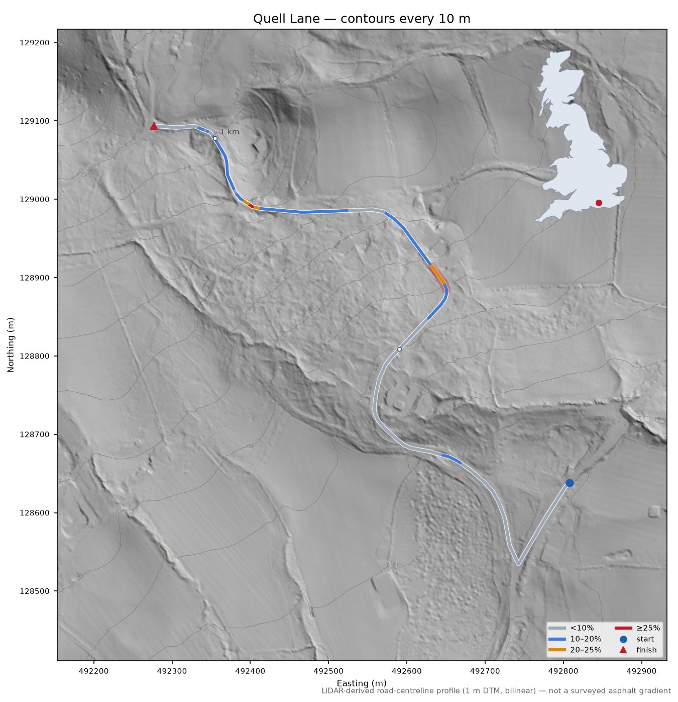 Quell Lane LiDAR hillshade map with contours