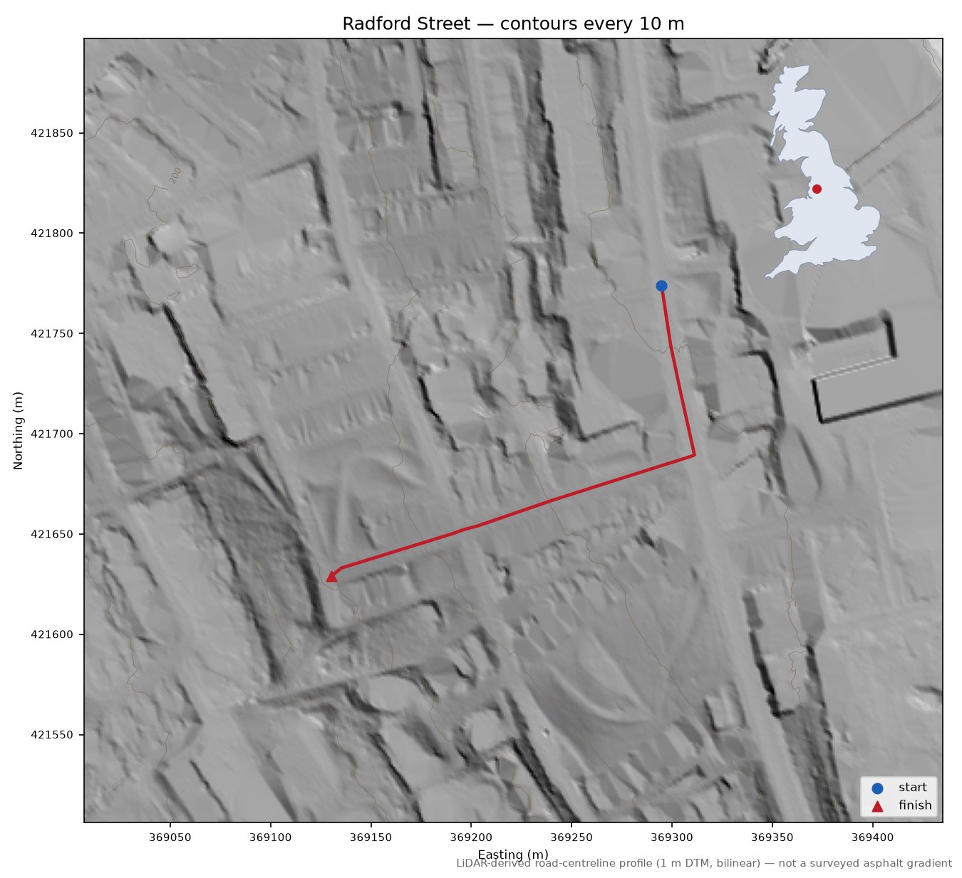 Radford Street LiDAR hillshade map with contours