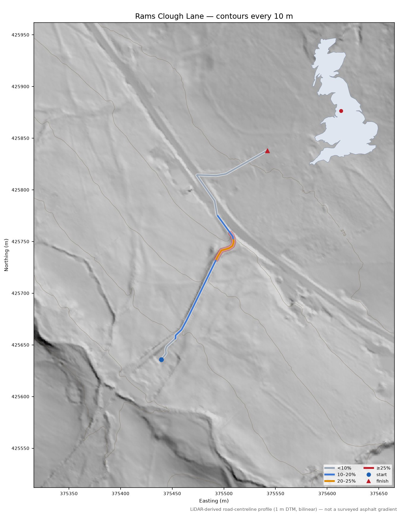 Rams Clough Lane LiDAR hillshade map with contours