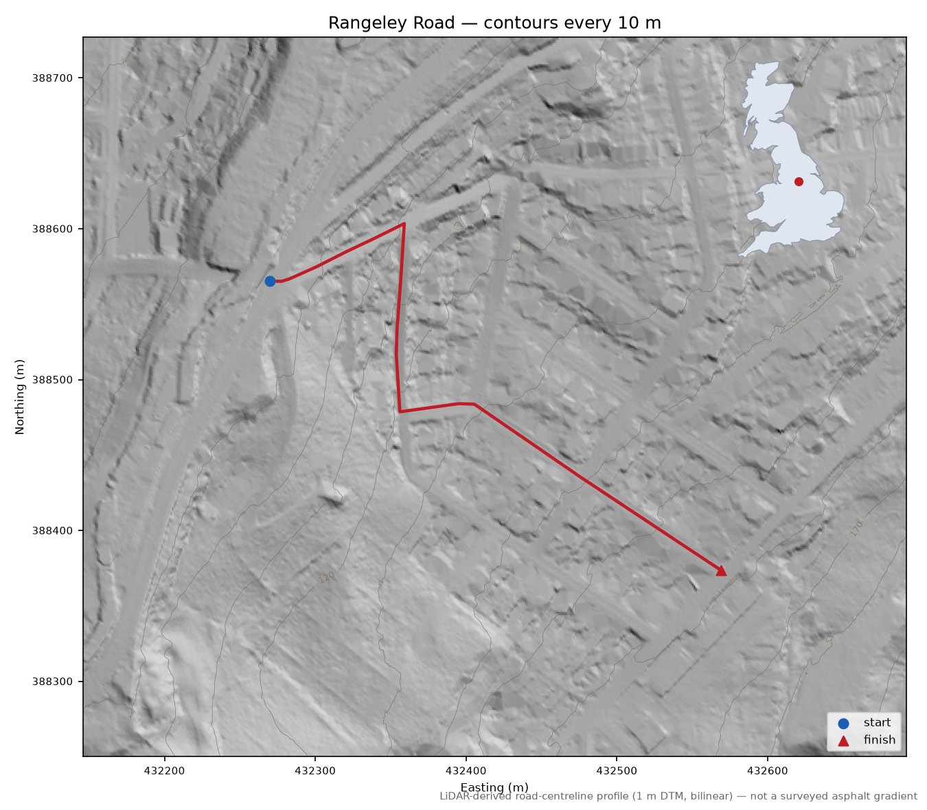 Rangeley Road LiDAR hillshade map with contours