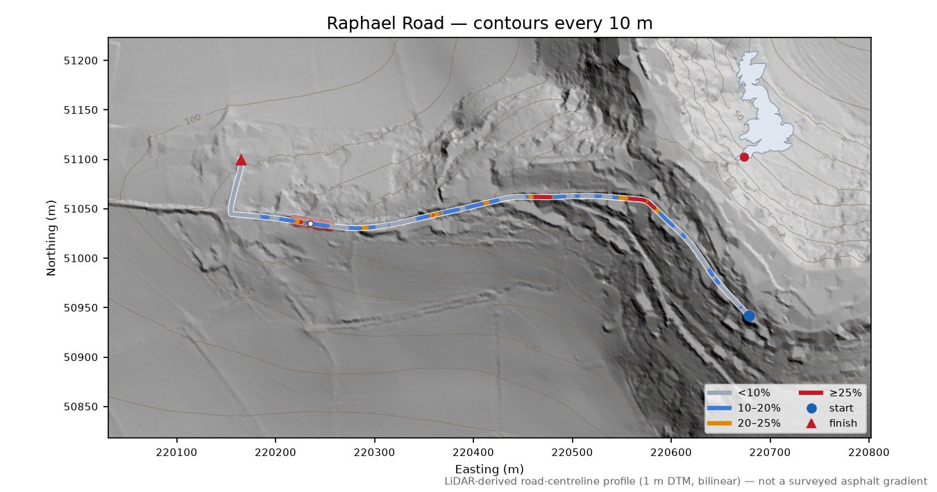 Raphael Road LiDAR hillshade map with contours