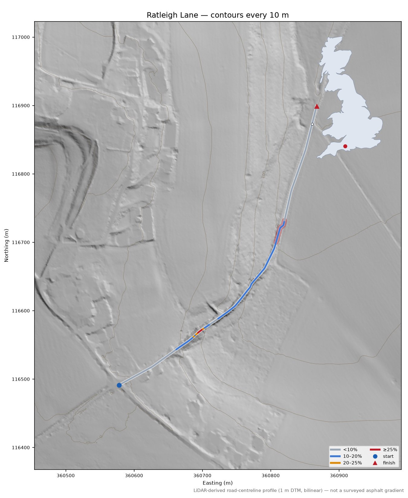 Ratleigh Lane LiDAR hillshade map with contours