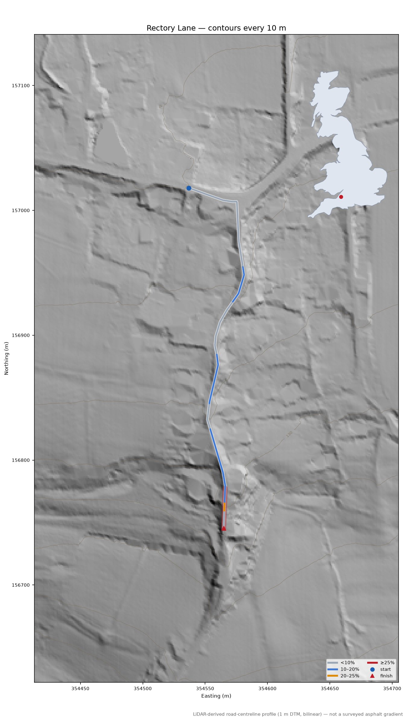 Rectory Lane LiDAR hillshade map with contours
