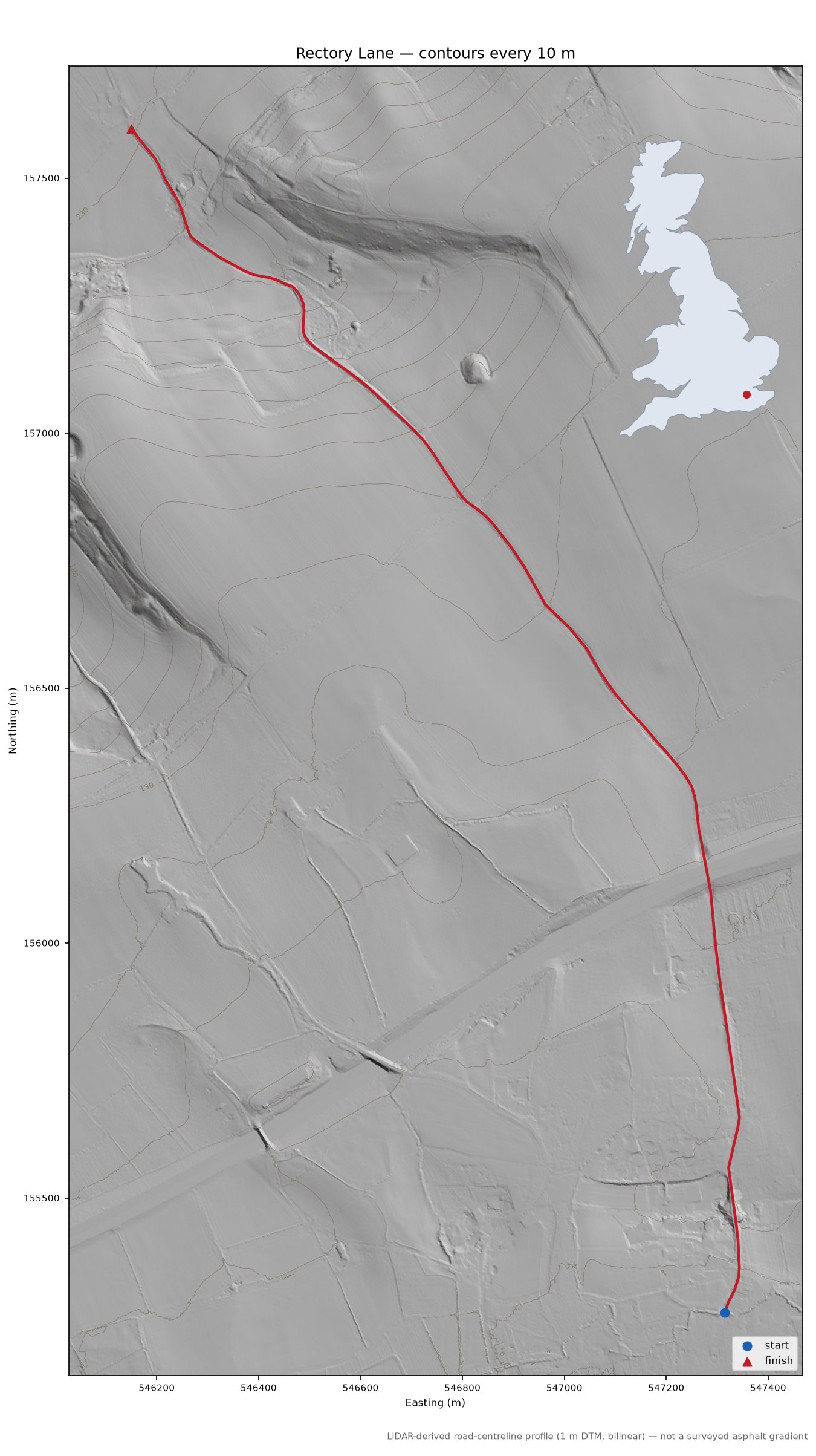 Rectory Lane LiDAR hillshade map with contours