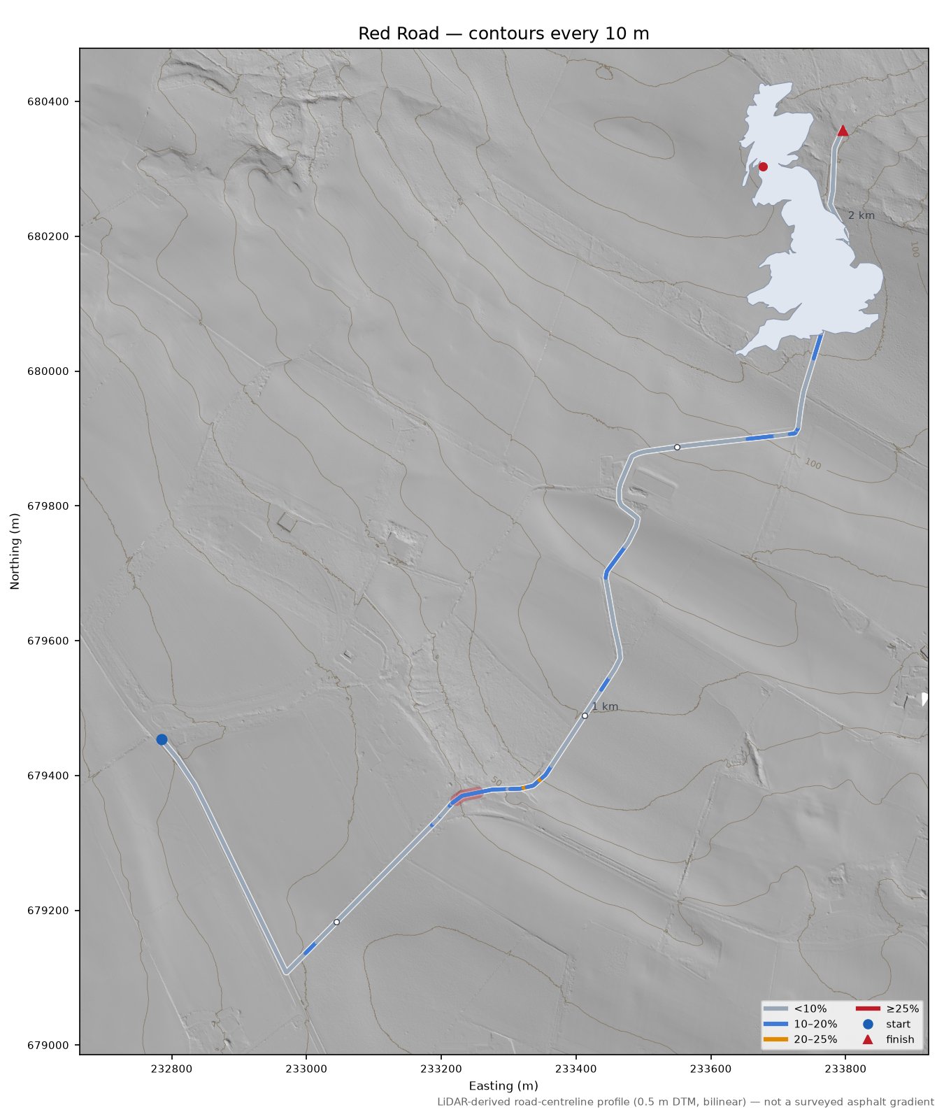Red Road LiDAR hillshade map with contours