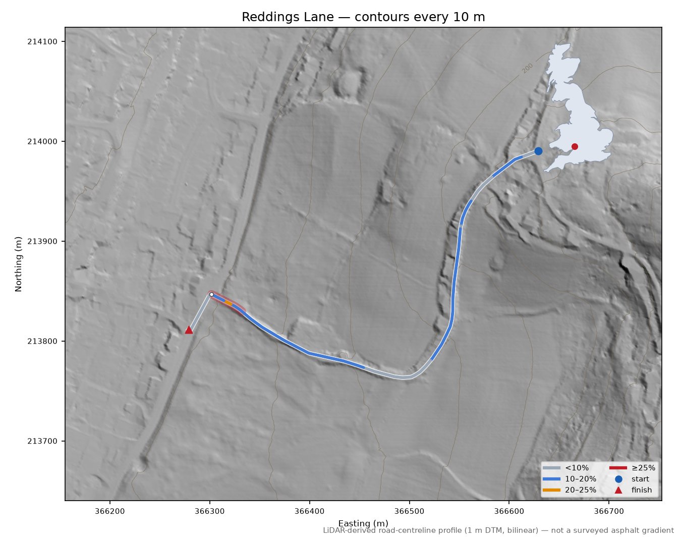 Reddings Lane LiDAR hillshade map with contours