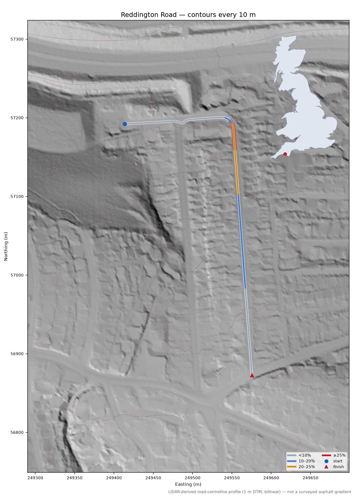 Reddington Road LiDAR hillshade map with contours