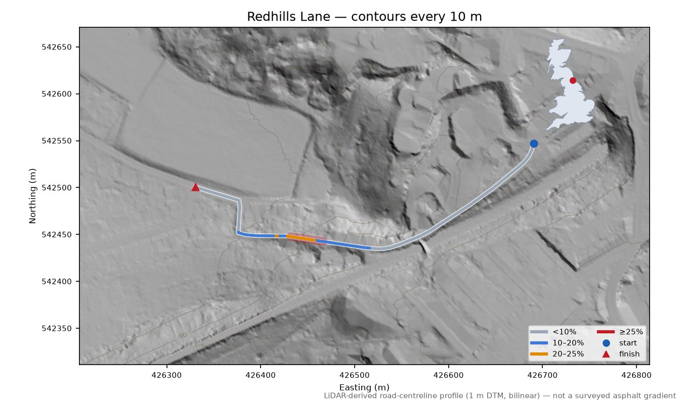 Redhills Lane LiDAR hillshade map with contours