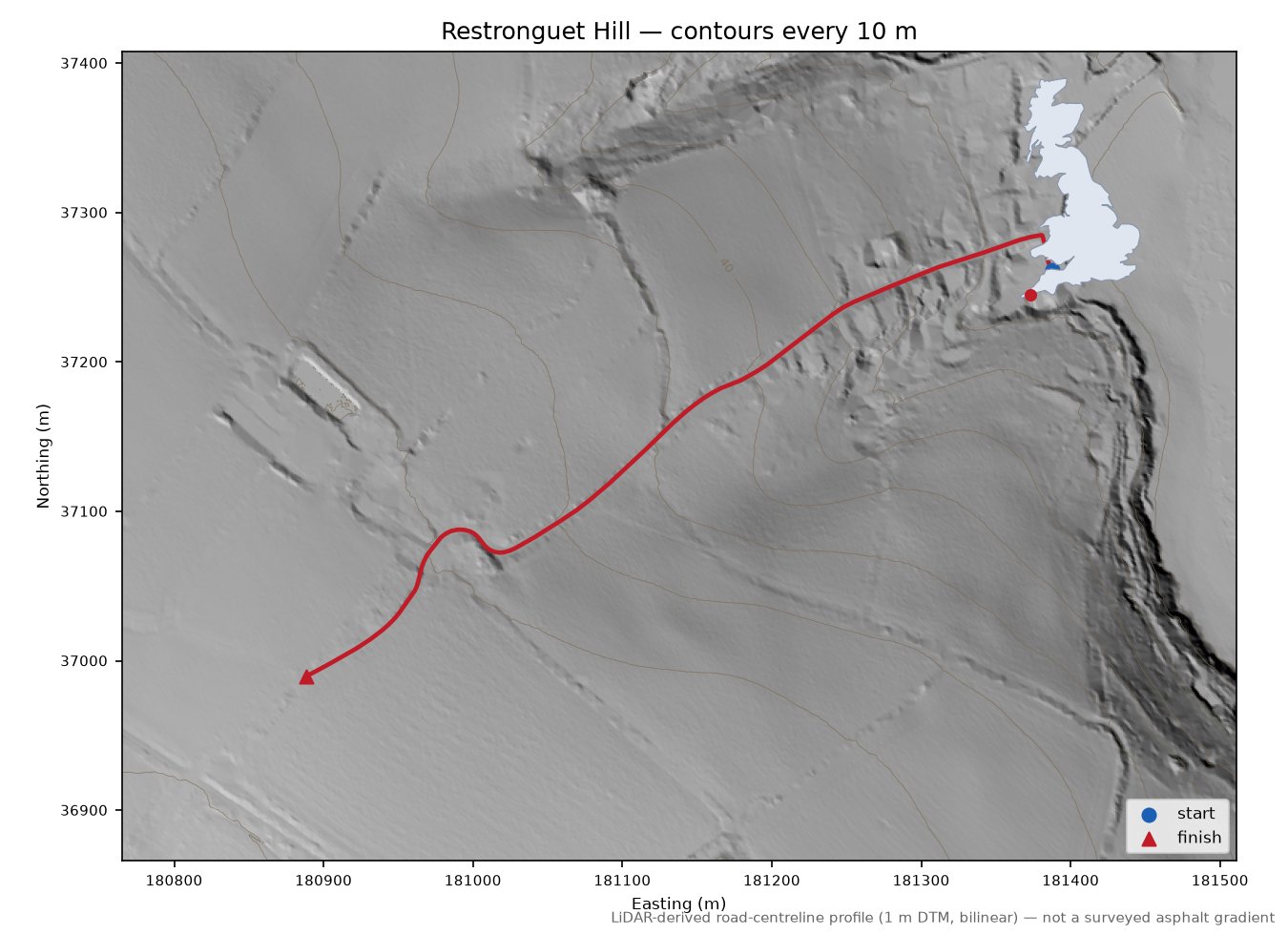 Restronguet Hill LiDAR hillshade map with contours