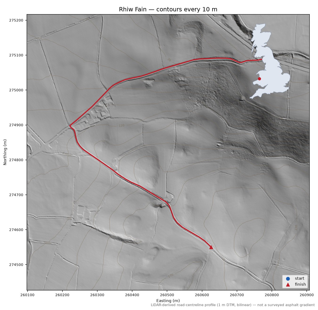 Rhiw Fain LiDAR hillshade map with contours