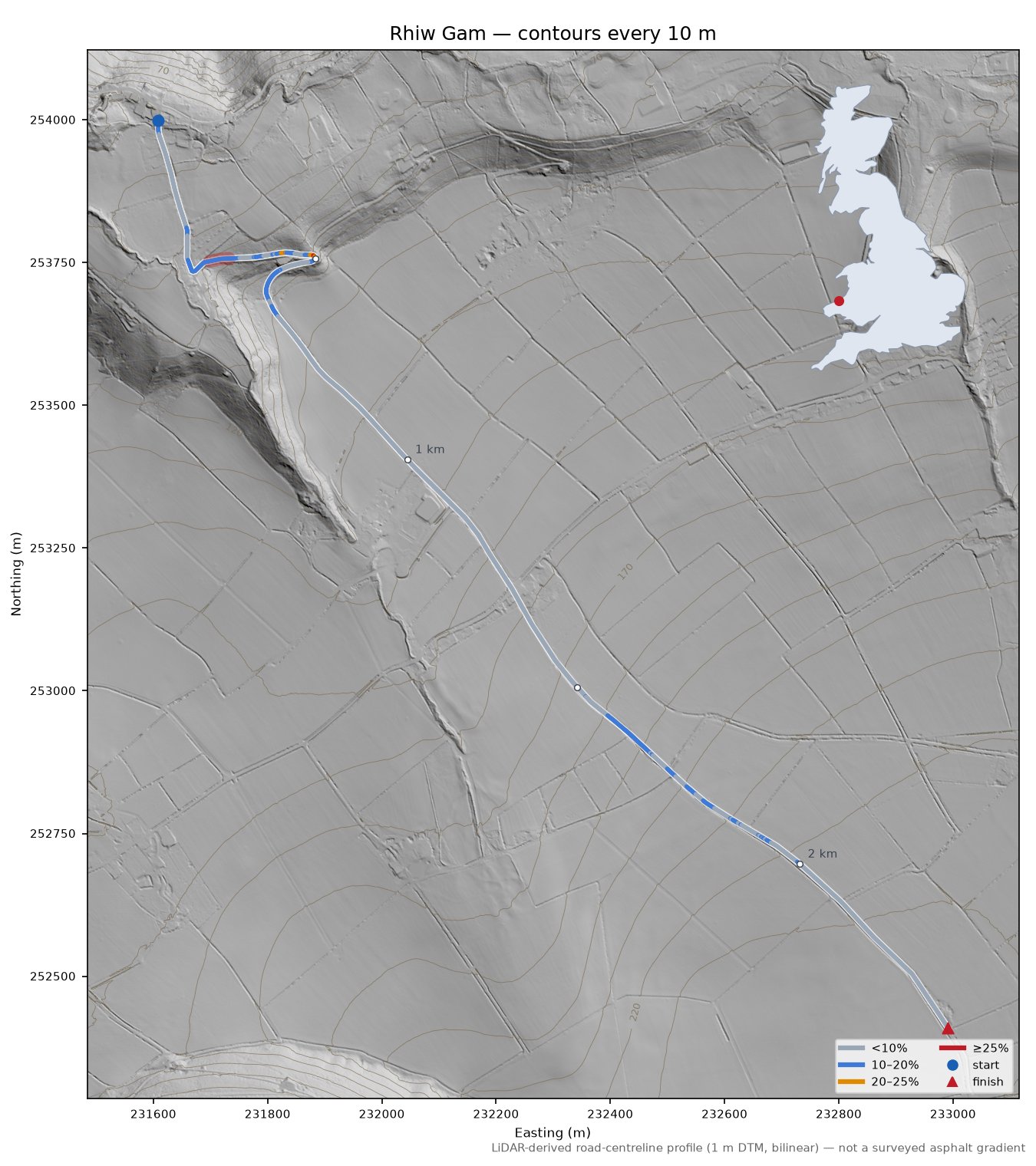 Rhiw Gam LiDAR hillshade map with contours