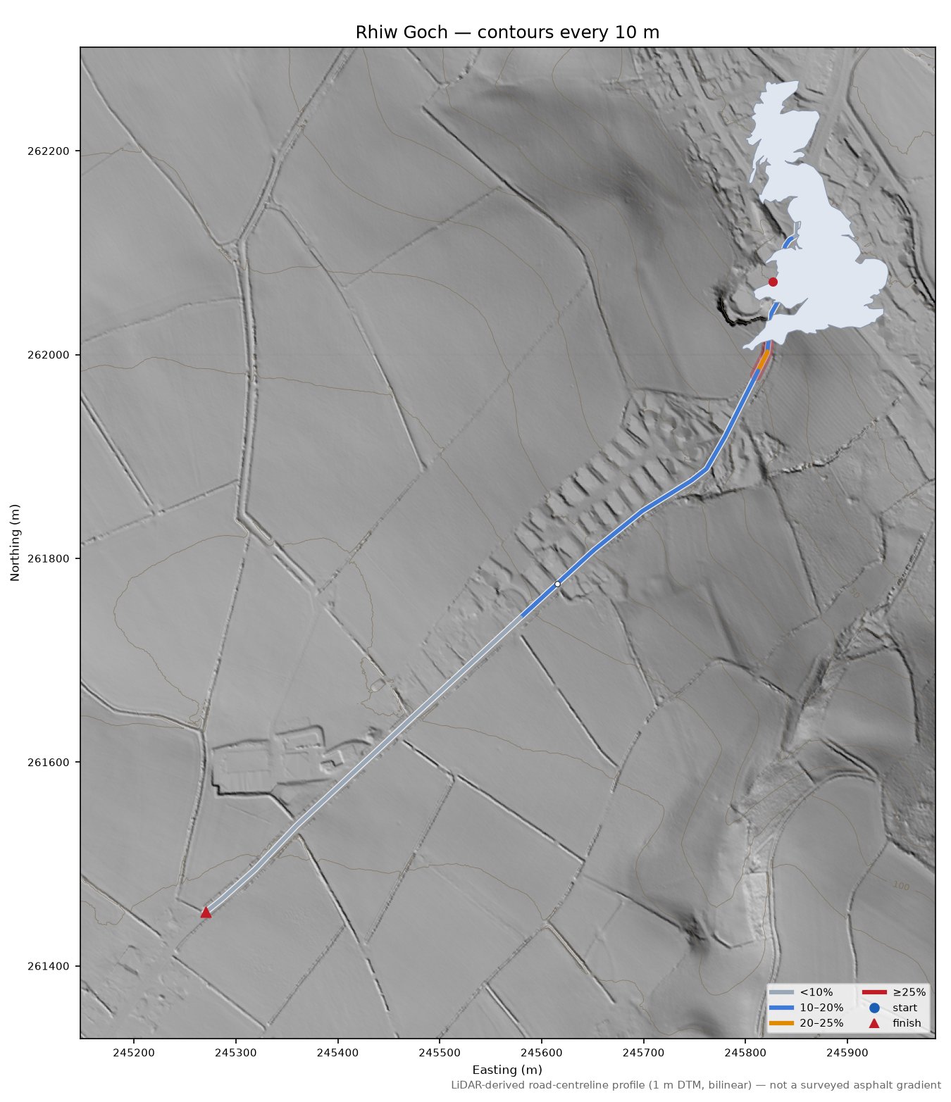 Rhiw Goch LiDAR hillshade map with contours