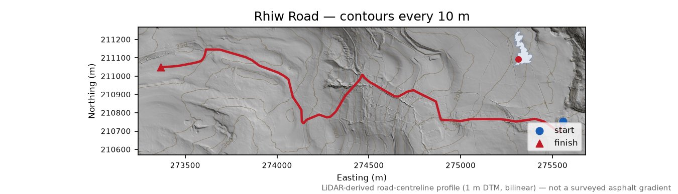 Rhiw Road LiDAR hillshade map with contours