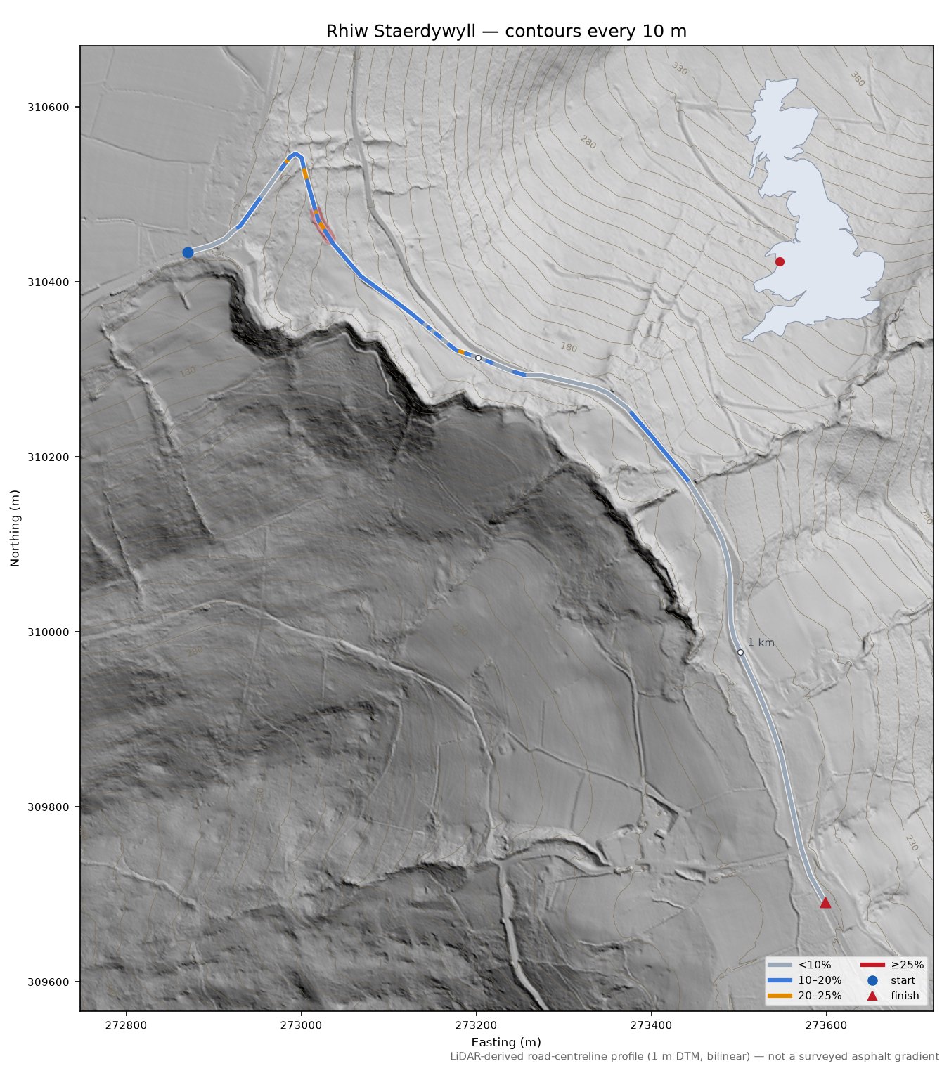 Rhiw Staerdywyll LiDAR hillshade map with contours