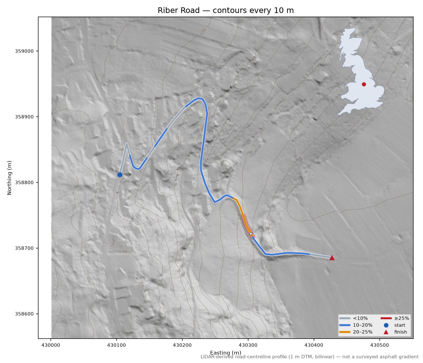 Riber Road LiDAR hillshade map with contours