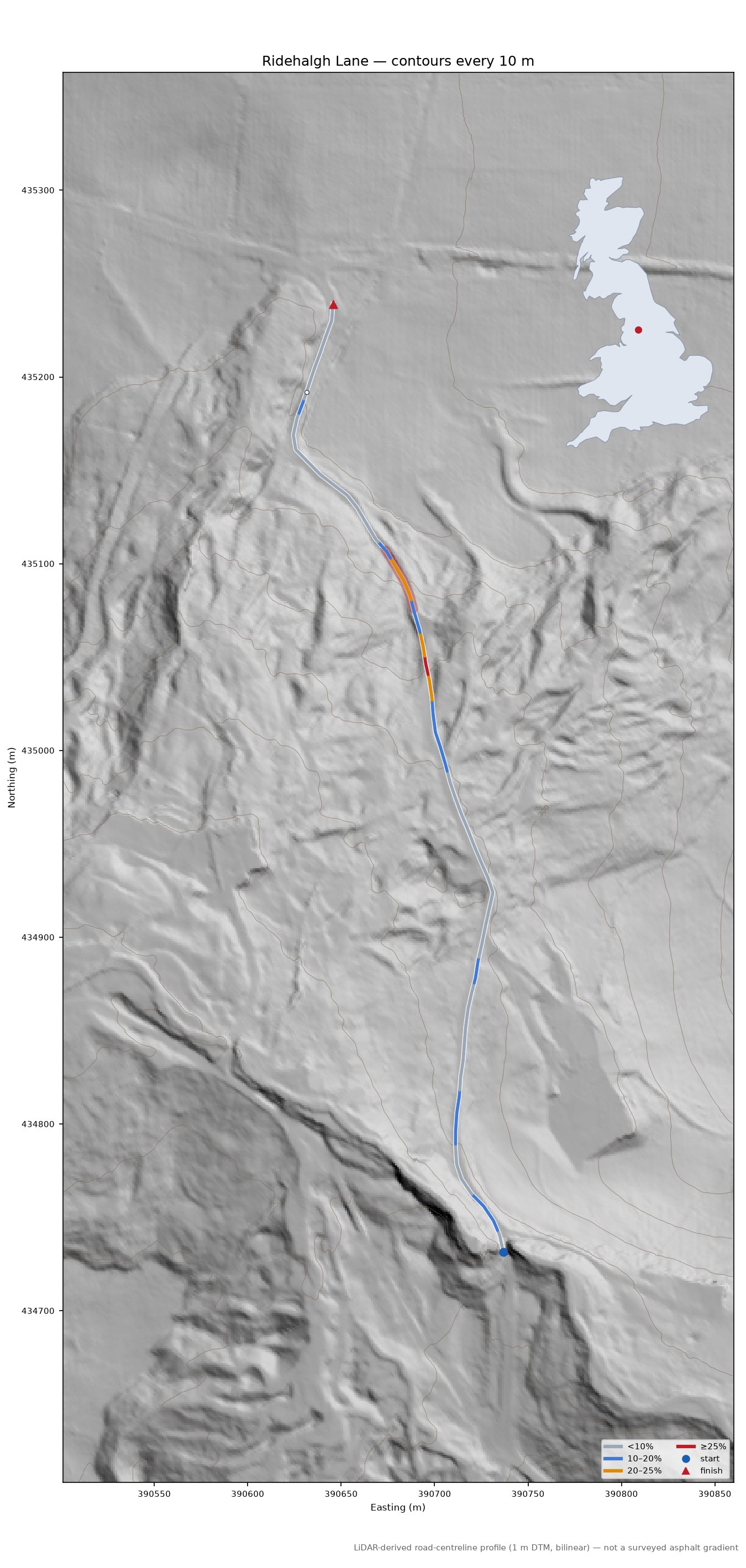 Ridehalgh Lane LiDAR hillshade map with contours