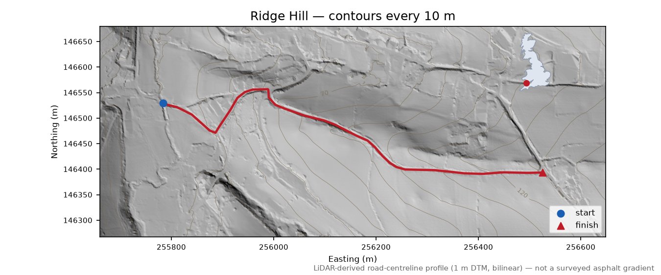 Ridge Hill LiDAR hillshade map with contours