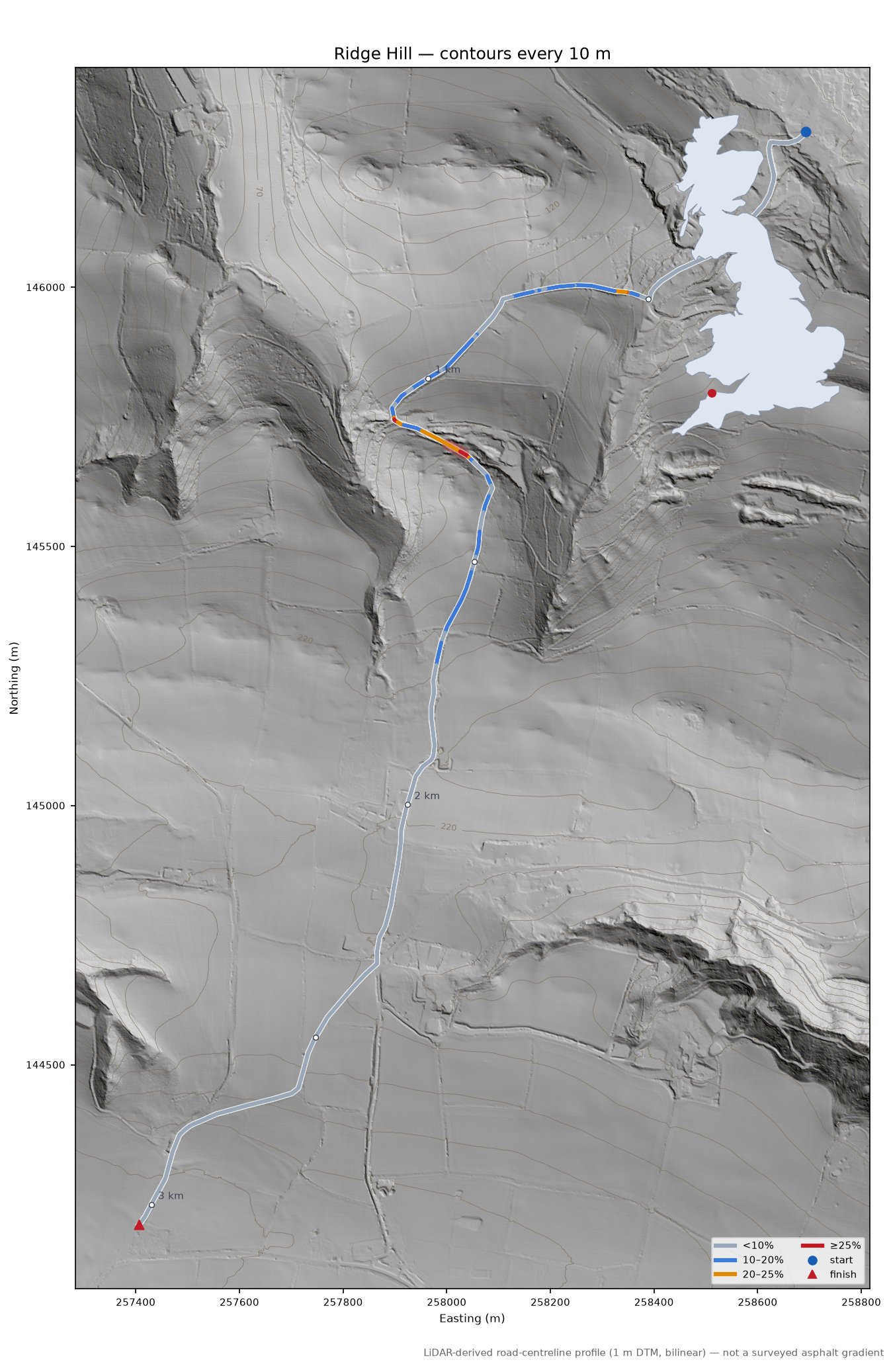 Ridge Hill LiDAR hillshade map with contours
