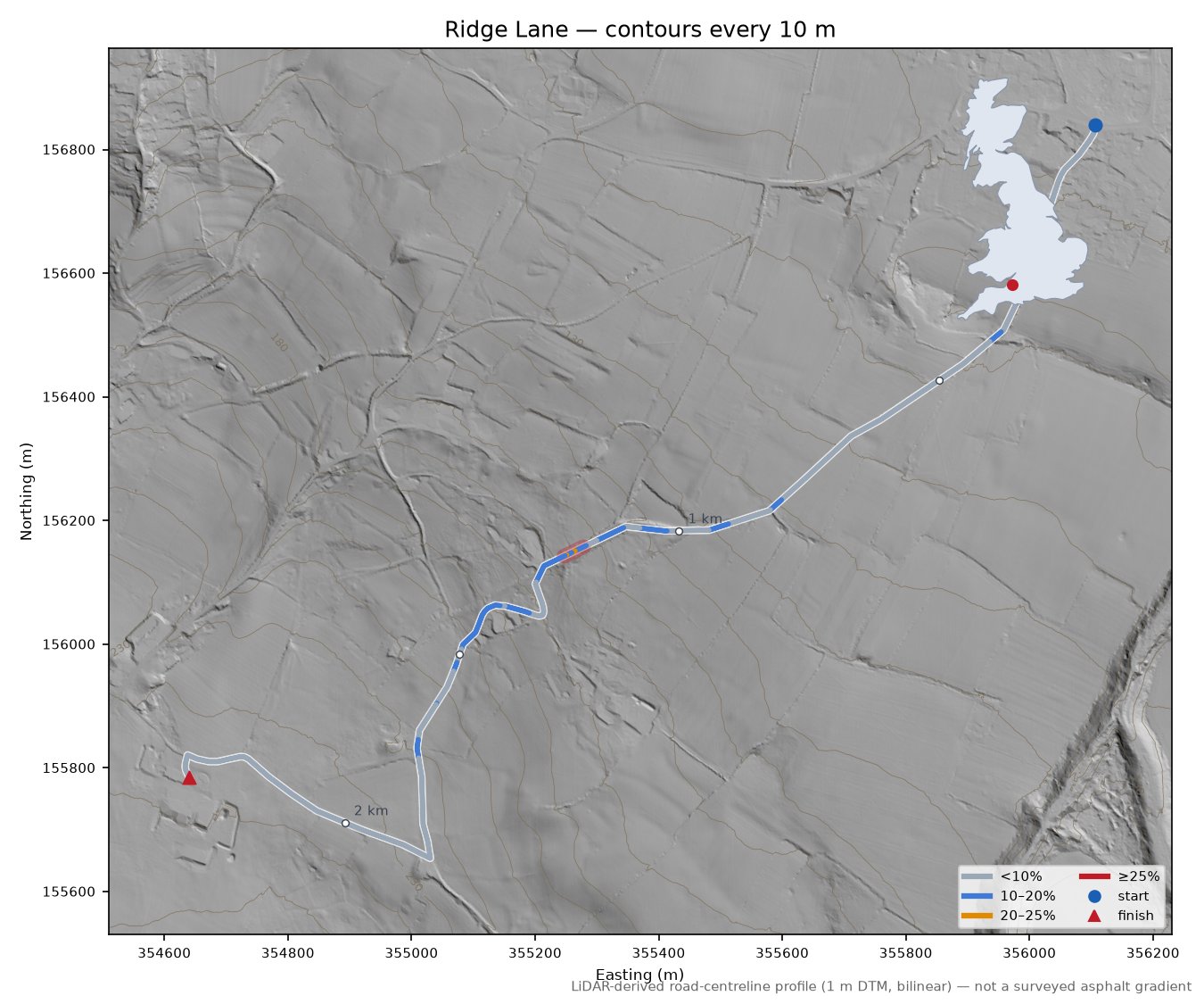 Ridge Lane LiDAR hillshade map with contours