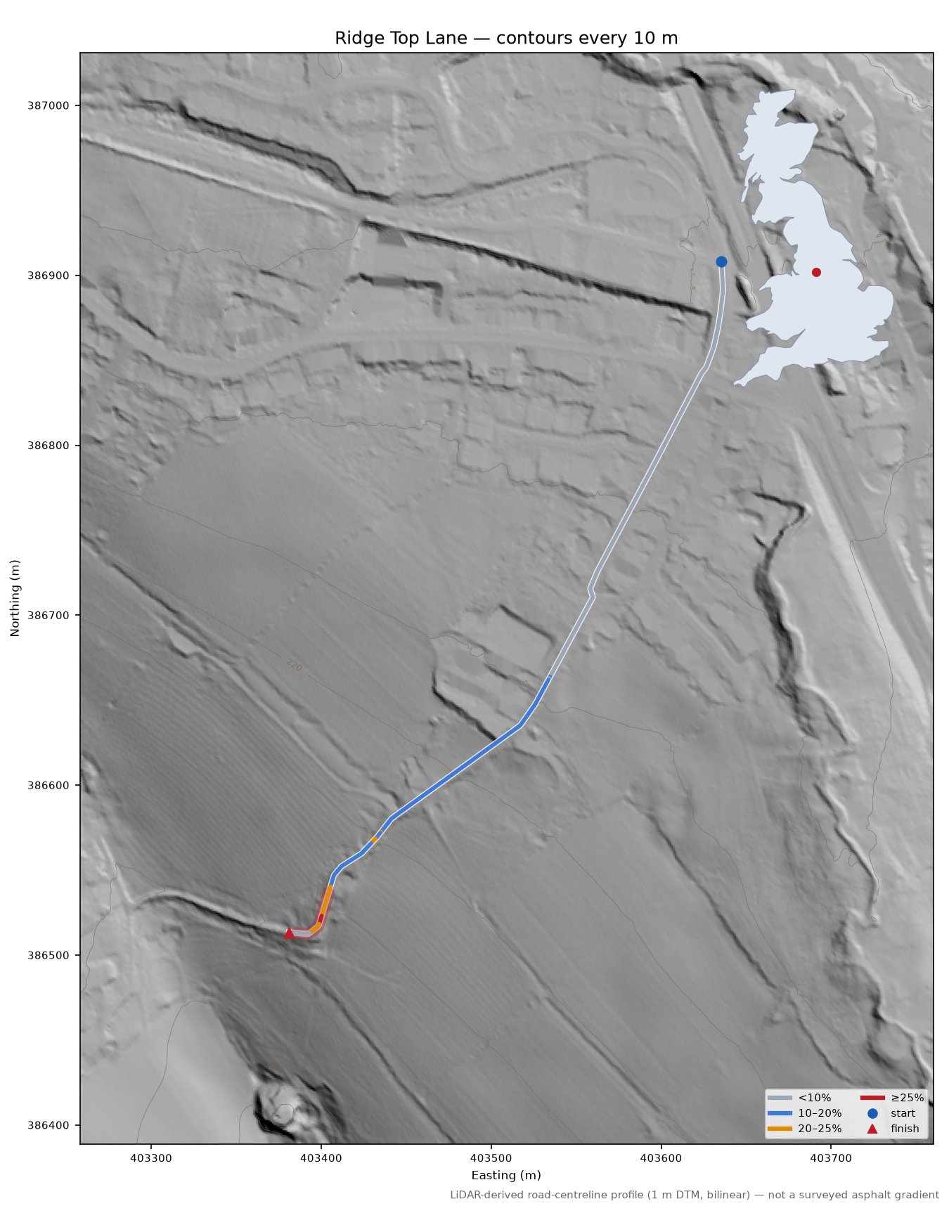 Ridge Top Lane LiDAR hillshade map with contours